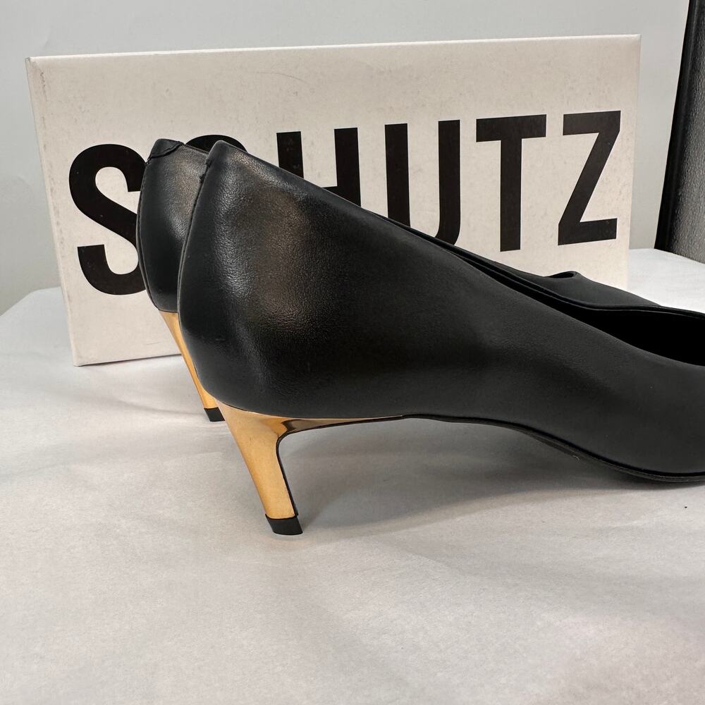 SCHUTZ New in Box Lou Mid Curve Pump Heel Black Leather with Gold Heel // 8 - Picture 3 of 11